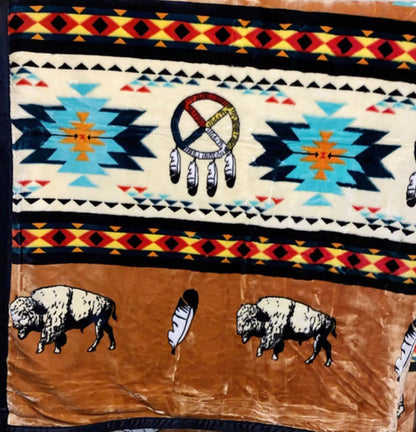 Native American Style Design Buffalo And Medicine Wheel With Teepee Puffy Blanket