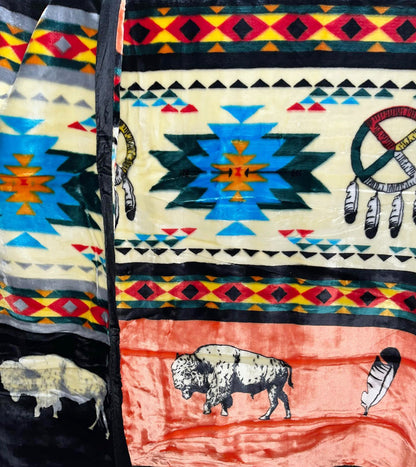 Native American Style Design Buffalo And Medicine Wheel With Teepee Puffy Blanket