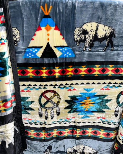 Native American Style Design Buffalo And Medicine Wheel With Teepee Puffy Blanket