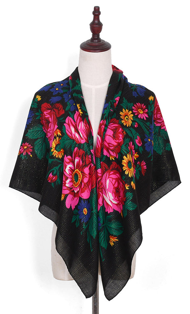 Metallic Flower Shawl ,Flower scarf.  Traditional Rose Print,  Accessories,Native American Style