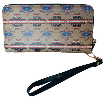 Native American Style Design Women's Wallet Leather Long Clutch Zipper Credit Card