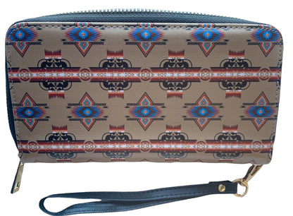 Native American Style Design Women's Wallet Leather Long Clutch Zipper Credit Card