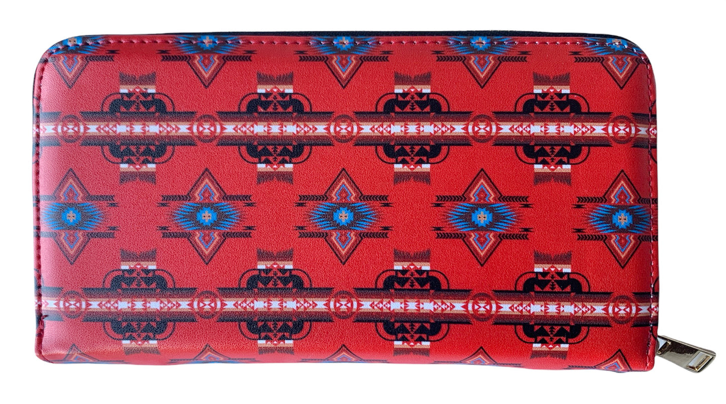 Native American Style Design Women's Wallet Leather Long Clutch Zipper Credit Card