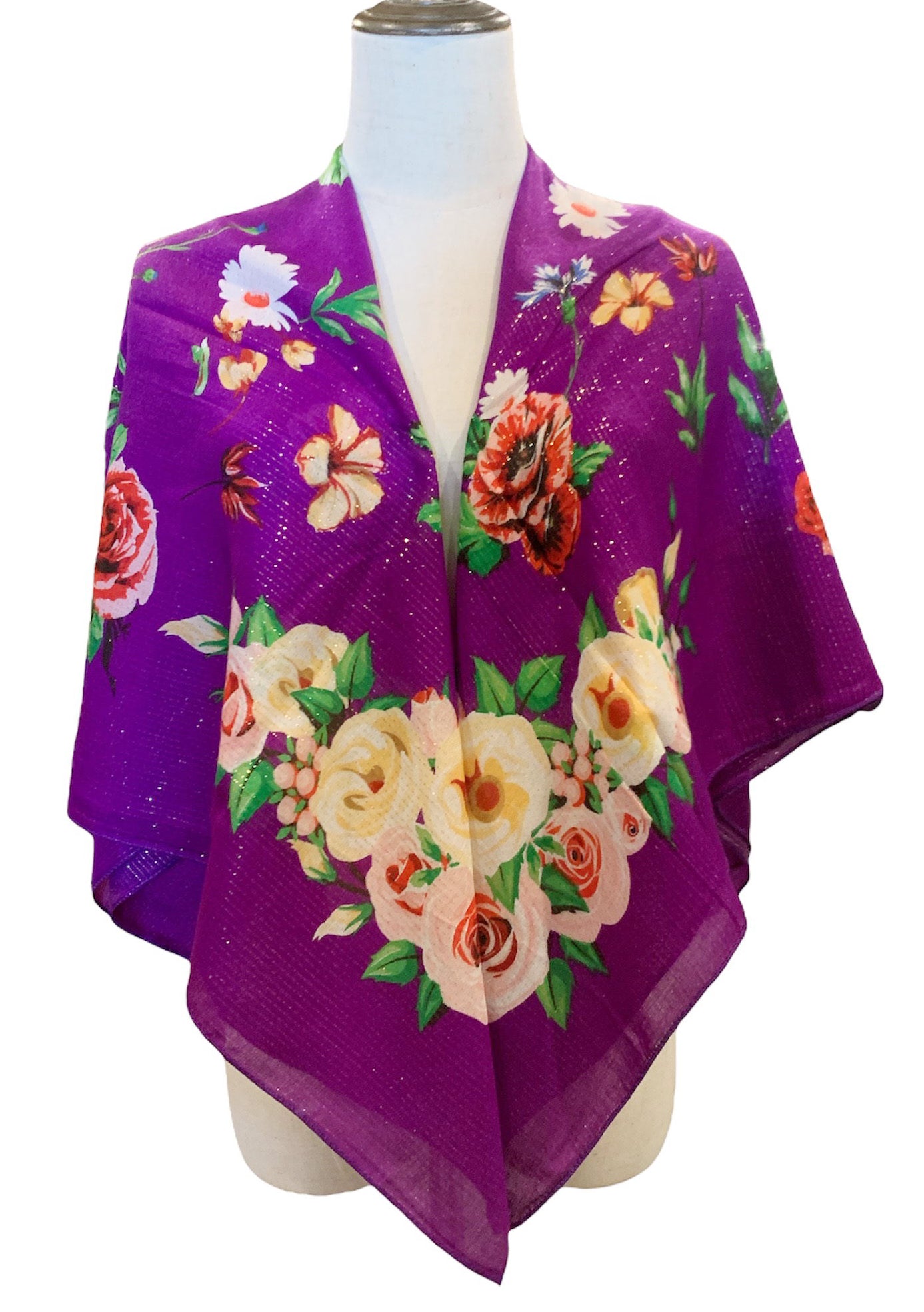 Metallic Flower Shawl ,Flower scarf.  New Design Rose Print,  Accessories,Native American Style 43"x43"