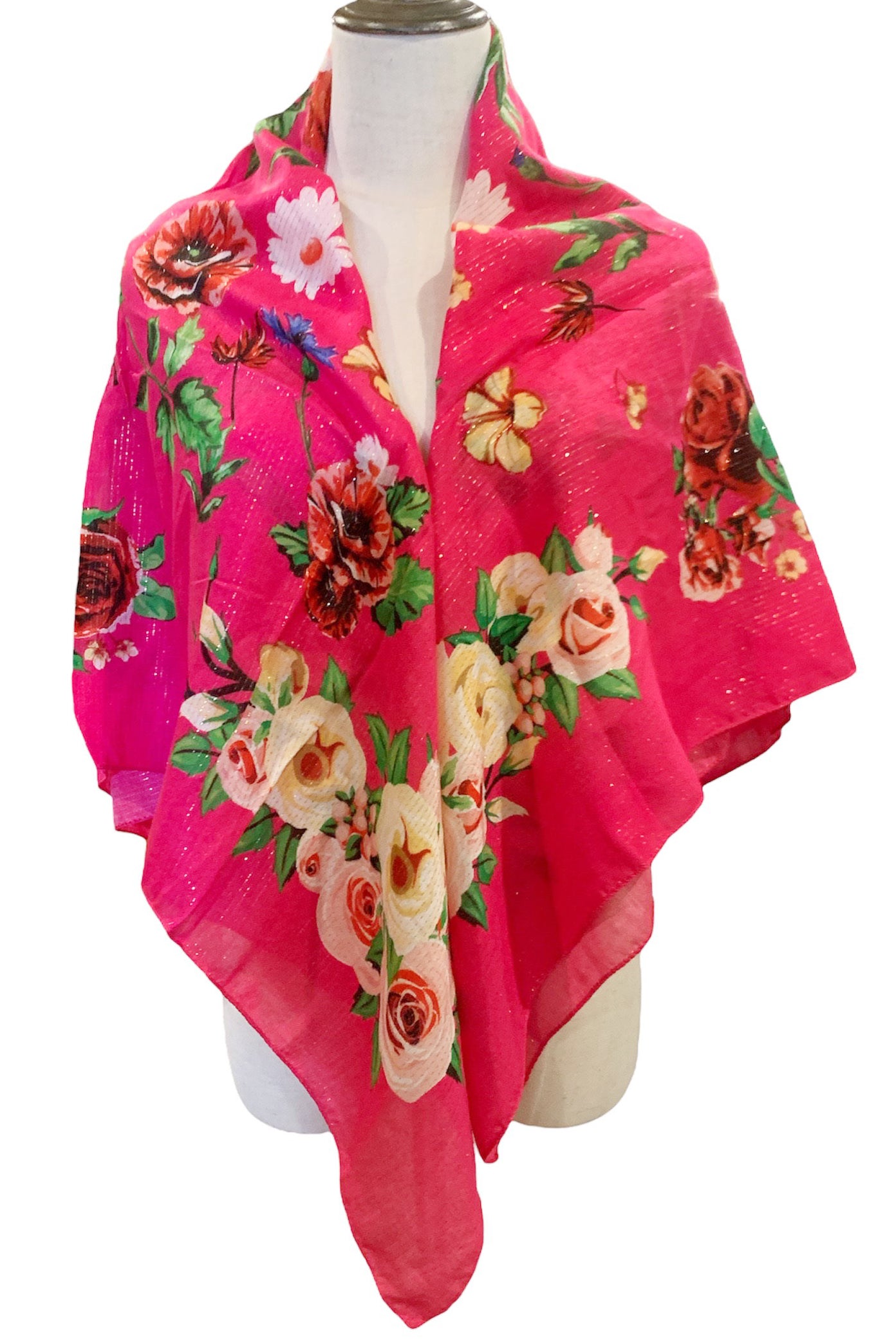 Metallic Flower Shawl ,Flower scarf.  New Design Rose Print,  Accessories,Native American Style 43"x43"