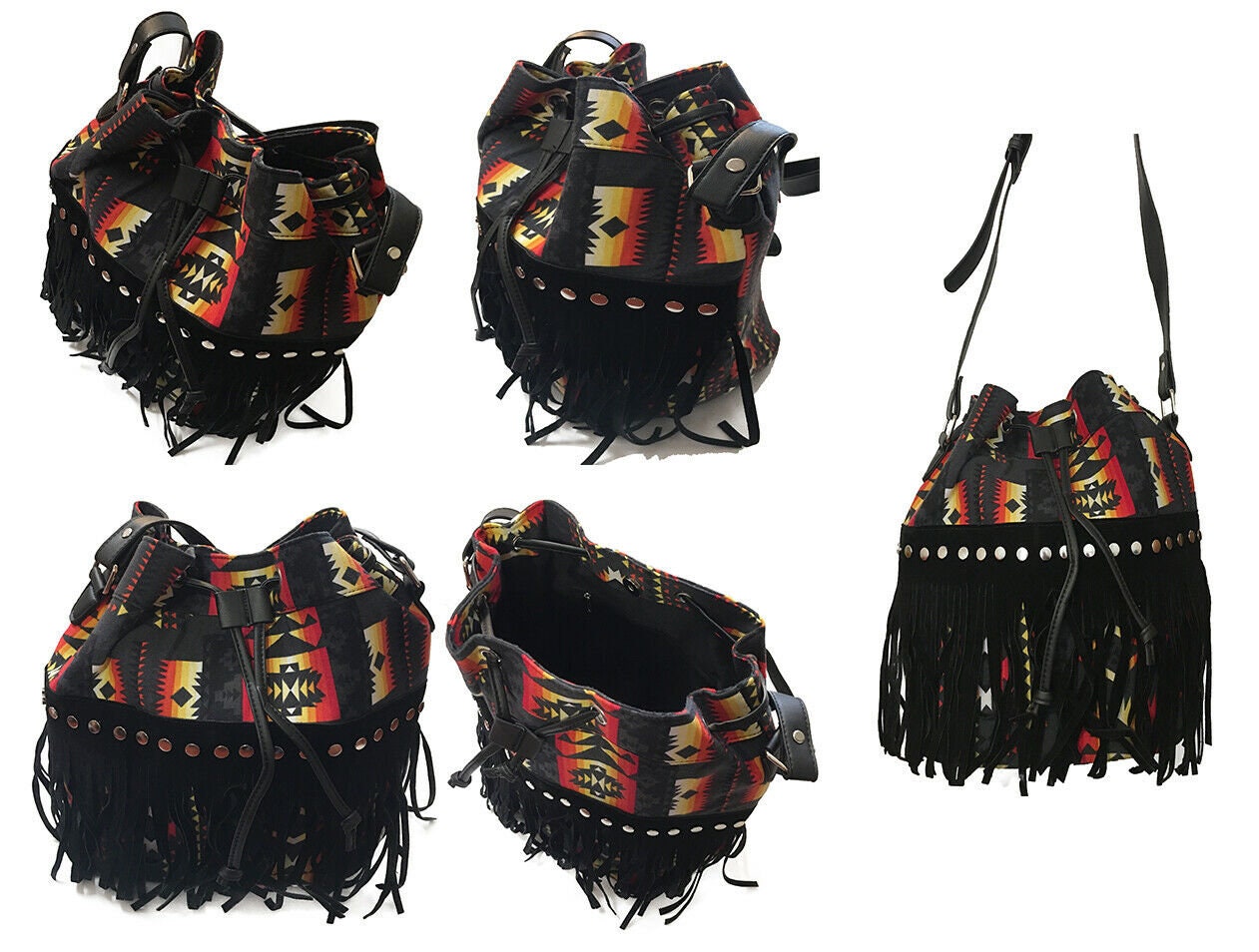 southwest style design bucket bag with fringe