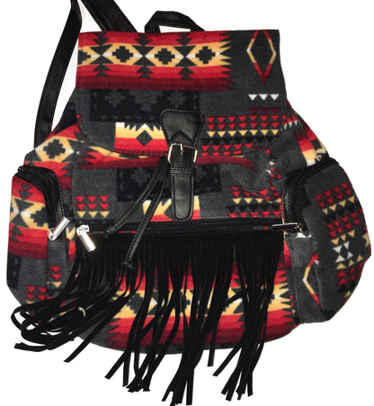 native american style design backpack with fringe