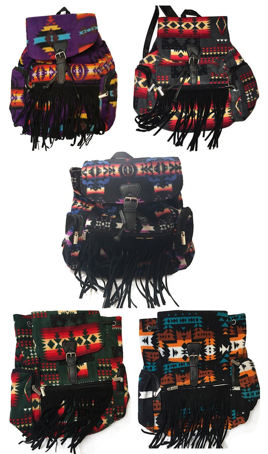 native american style design backpack with fringe