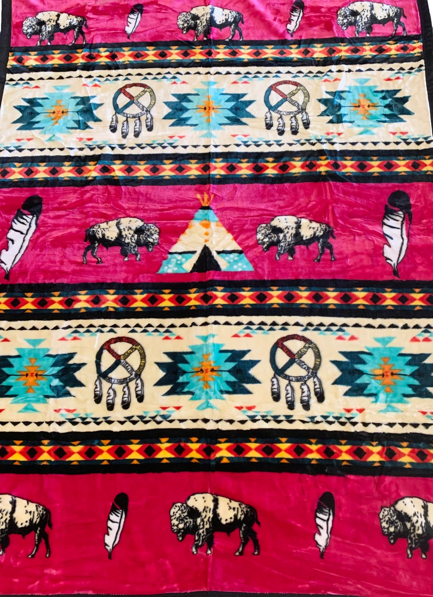 Native American Style Design Buffalo And Medicine Wheel With Teepee Puffy Blanket