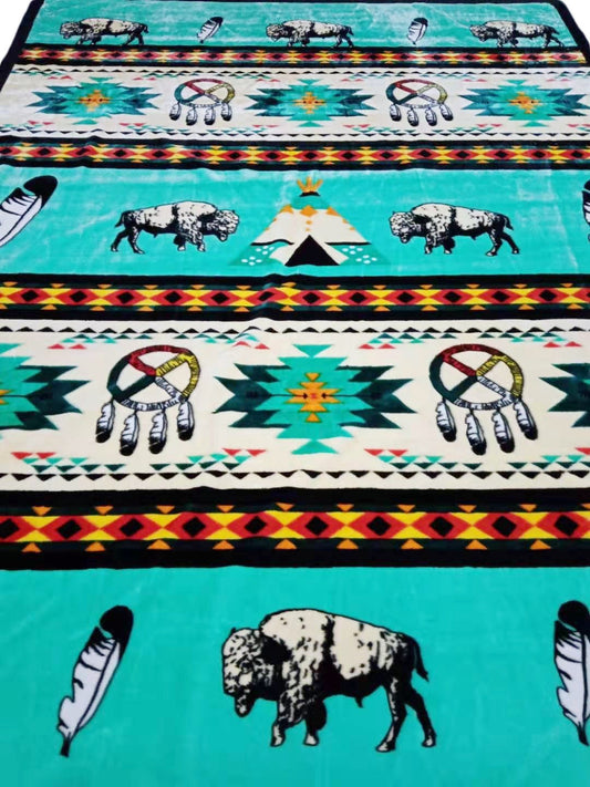 Native American Style Design Buffalo And Medicine Wheel With Teepee Puffy Blanket