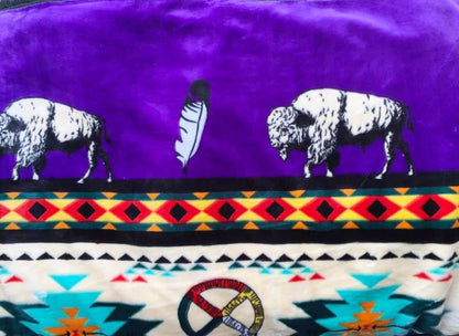 Native American Style Design Buffalo And Medicine Wheel With Teepee Puffy Blanket