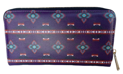 Native American Style Design Women's Wallet Leather Long Clutch Zipper Credit Card