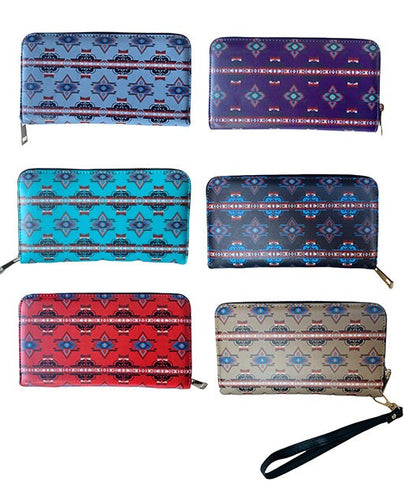 Native American Style Design Women's Wallet Leather Long Clutch Zipper Credit Card