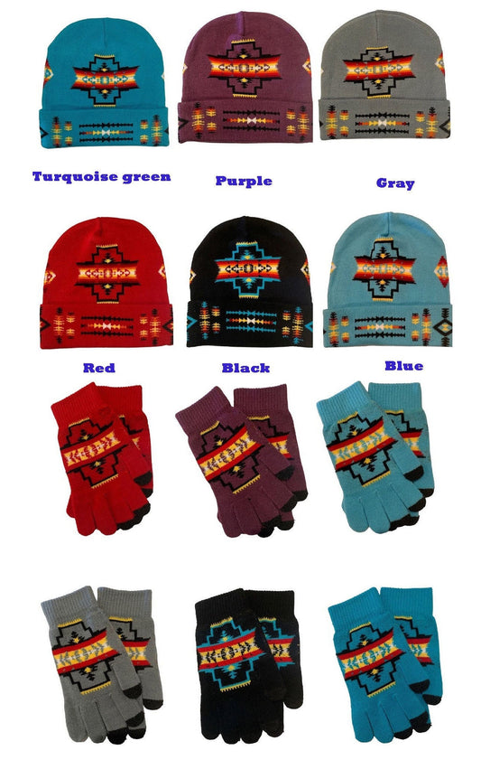 Native American Style Design Unisex Soft Stretch Folded Beanie Glove Set