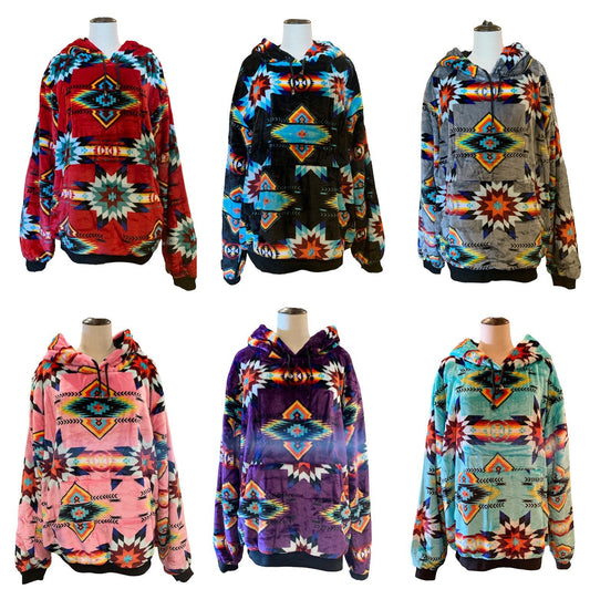 Native American Style Design Super Soft Sherpa Lining Pullover Hoodies Size 2XL