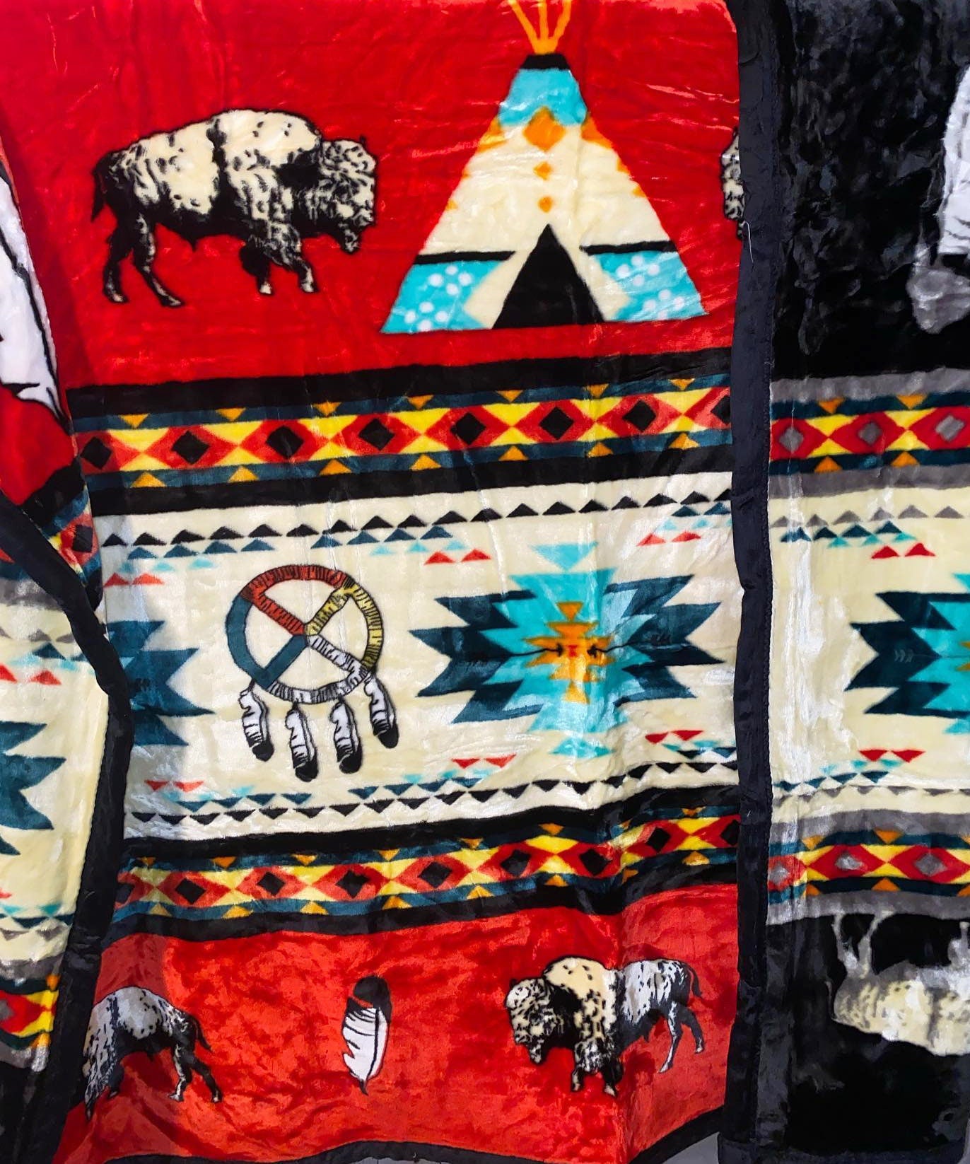 Native American Style Design Buffalo And Medicine Wheel With Teepee Puffy Blanket