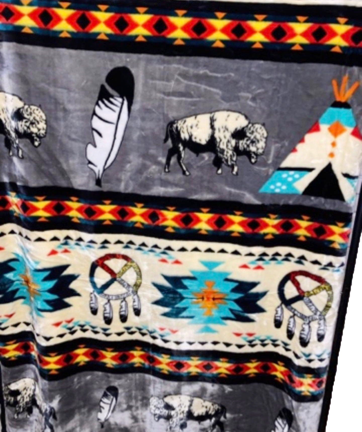 Native American Style Design Buffalo And Medicine Wheel With Teepee Puffy Blanket