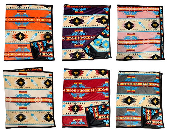 Native American Style Feather Design Super Soft Plush Reversible Kids Blanket