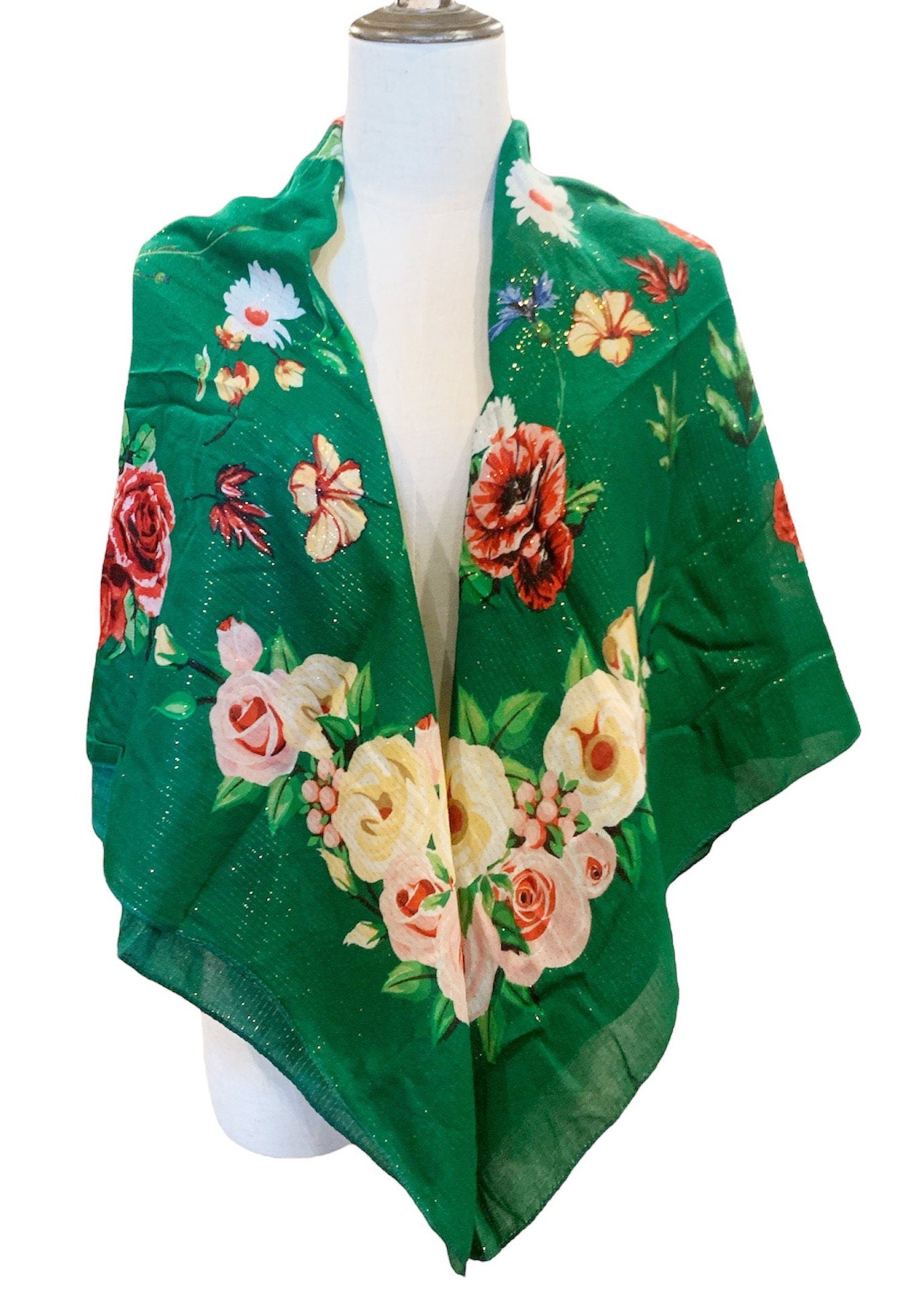 Metallic Flower Shawl ,Flower scarf.  New Design Rose Print,  Accessories,Native American Style 43"x43"